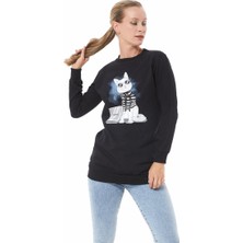 Kedi Baskılı Sıfır Yaka Siyah Kadın Sweatshirt