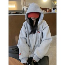 Amor Face Büyük Beden Özel Tasarım Kapüşonlu Çift Kiraz Baskılı Süper Oversize Battal Kadın Sweatshırt