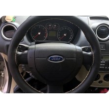 Hasbay Dikişli Deri Direksiyon Kılıfı Damarlı Siyah Deri Bej Dikişli Ford Fiesta Fusion Için