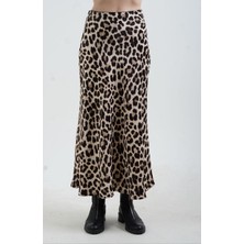 Zelish My Sister Bej Leopar Desen Saten Verev Etek