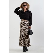 Zelish My Sister Bej Leopar Desen Saten Verev Etek