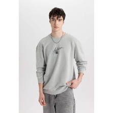Defacto Comfort Fit Bisiklet Yaka Baskılı Sweatshirt Parlak Gri