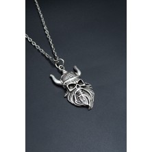 Viking Sakallı Kuru Kafa  Gümüş Kaplama Unisex Düz Zincir Kolye kod 747