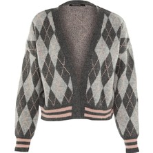 FRM Kadın Moda Şık Regular V Yaka Uzun Kol Baklava Yumuşak Dokulu Baklava Desenli Triko Hırka