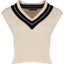 Frm Kadın Moda Şık Crop V Yaka Kolsuz Renk Bloklu Crop Triko Süveter