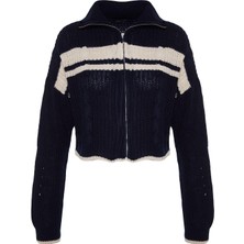 FRM Kadın Moda Şık Regular Dik Yaka Uzun Kol Renk Bloklu Crop Dik Yaka Triko Hırka