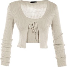 FRM Kadın Moda Şık Crop V Yaka Uzun Kol Düz Crop Bağlama Detaylı Bluz-Hırka Triko Takım Triko Hırka