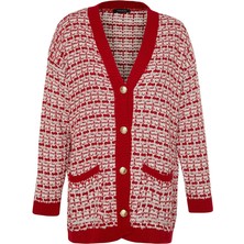 FRM Kadın Moda Şık Midi V Yaka Oversize Geniş Kalıp Tüvit Görünümlü Simli Triko Hırka