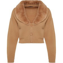 FRM Kadın Moda Şık Crop V Yaka Regular Crop Kürk Detaylı Triko Hırka