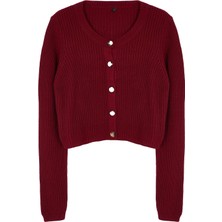 FRM Kadın Moda Şık Crop Bisiklet Yaka Regular Süper Crop Basic Triko Hırka