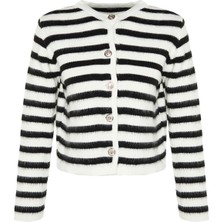 Kadın Moda Şık Regular Bisiklet Yaka Slim Yumuşak Dokulu Çizgili Ceket Görünümlü Triko Hırka