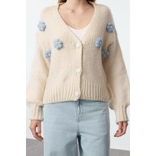 FRM Kadın Moda Şık Regular V Yaka Regular Yumuşak Dokulu Gül Detaylı Triko Hırka