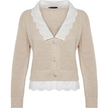 Kadın Moda Şık Regular V Yaka Regular Crop Dokuma Garni Detaylı V Yaka Triko Hırka