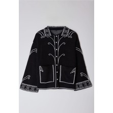 FRM Kadın Moda Şık Regular Polo Yaka Regular Etnik Desenli Triko Hırka