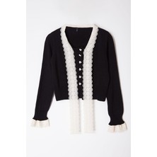 FRM Kadın Moda Şık Crop Bisiklet Yaka Slim Crop Garnili Kurdele Fiyonk Detaylı Triko Hırka