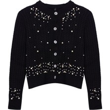 Kadın Moda Şık Crop Bisiklet Yaka Slim Crop Yumuşak Dokulu Inci Detaylı Ceket Görünümlü Triko Hırka