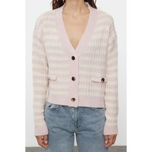 FRM Kadın Moda Şık Regular V Yaka Regular Yumuşak Dokulu Çizgili Triko Hırka