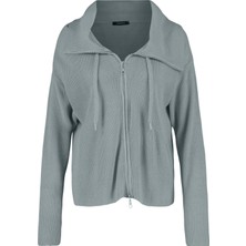 FRM Kadın Moda Şık Regular Dik Yaka Oversize Geniş Kalıp Fermuar Detaylı Triko Hırka