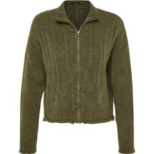 FRM Kadın Moda Şık Crop Dik Yaka Regular Crop Yumuşak Dokulu Fermuarlı Saç Örgülü Triko Hırka