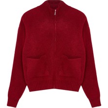 FRM Kadın Moda Şık Regular Dik Yaka Regular Yumuşak Dokulu Fermuarlı Triko Hırka