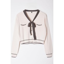 FRM Kadın Moda Şık Regular V Yaka Slim Kurdele Fiyonk Detaylı Triko Hırka