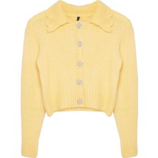 FRM Kadın Moda Şık Crop Polo Yaka Regular Crop Yumuşak Dokulu Mücevher Düğmeli Triko Hırka