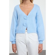 FRM Kadın Moda Şık Regular V Yaka Slim Gül Detaylı Triko Hırka