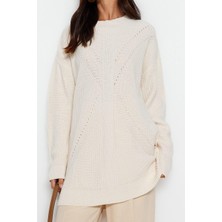 Ersefa Kadın Modern Tarz Rahat Uzun Bisiklet Yaka Ajurlu Kol Regular Triko Kazak