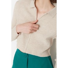 Kadın Modern Tarz Slim Polo Yaka Crop Triko Hırka