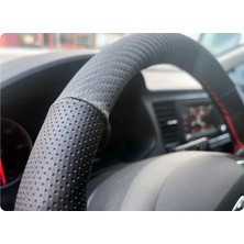 Hasbay Seat Leon Dikişli Deri Direksiyon Kılıfı Karbon/Noktalı/Kırmızı Dikişli