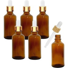 Makrobay Amber Cam Şişeler - Altın - Beyaz Cam Pipetli 50 ml x 6 Adet