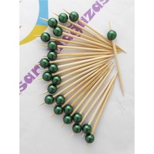 TM Tasarım Mağazası 50 Adet Dekoratif Yeşil Inci Boncuklu Lokumluk Kokteyl Kürdanı 6,5 cm - Inci 8 mm - Incili Kürdan