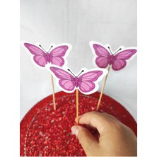 TM Tasarım Mağazası 15 cm Uzun Kürdan - 30 Adet Dekoratif Karton Pembe Kelebek Baskılı Pasta Kürdanı