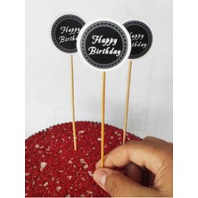 TM Tasarım Mağazası 15 cm Uzun Kürdan - 30 Adet Dekoratif Siyah Karton Happy Birthday Yazılı Pasta Kürdanı