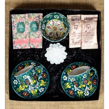 Fiorella Gift Haki El Yapımı Çini Fincan - Kase - Lotus Mum - Kahve - Mendil - Hediye Seti