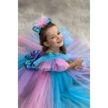 Deniz Kızı Party Balo Kostümü Çok Renkli Kız Çocuk Elbisesi Maxi Stil Fırfırlı Yaka ABY885