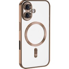 Caseart iPhone 16 Plus Mag Safe Özellikli Lens Korumalı Logo Gösteren Şeffaf Luxury Silikon Kılıf - Bej Gold
