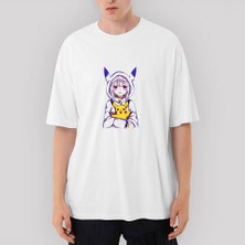 Crows Gate Re Zero Emilia And Pikachu Oversize Beyaz Tişört