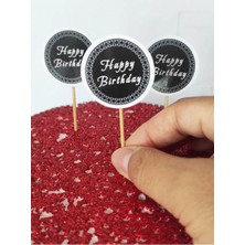 TM Tasarım Mağazası 30 Adet Dekoratif Siyah Karton Happy Birthday Yazılı Pasta Kürdanı 6,5 cm