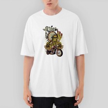 Crows Gate Motorcycle Skull Rider Oversize Beyaz Tişört
