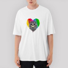 Crows Gate Kedi Gökkuşağı Oversize Beyaz Tişört