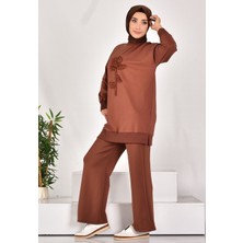 10584 Puane Iki Iplik Kumaş Incili ve Nakışlı Sweatshirt
