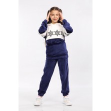 Yumuşak Kadife Kar Tanesi Desenli Kız Çocuk Eşofman Takımı Lacivert MRN40028-5