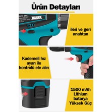 Dager 12 V Şarjlı Matkap 1.5 Ah Lion Armut Batarya Metal Şanzıman Çift Akülü Vidalama 24 Parça Set + Pas Sökücü