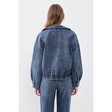 Koyu Mavi Cep Detaylı Denim Bomber Ceket