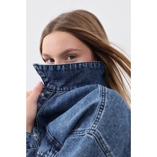 Koyu Mavi Cep Detaylı Denim Bomber Ceket