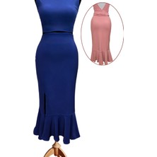 Due Stelle Reversible Reversible Likralı Tango Eteği – Çift Taraflı Esnek Dans Eteği Mavi - Pudra