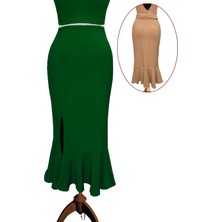 Due Stelle Reversible Reversible Likralı Tango Eteği – Çift Taraflı Esnek Dans Eteği Yeşil - Bej