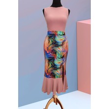 Due Stelle Reversible Reversible Likralı Tango Eteği – Çift Taraflı Esnek Dans Eteği Soyut - Pudra