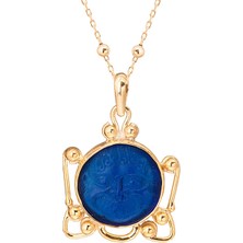 Gümüşcüm Mavi Taşlı Astek Cam Baskı Altın Kaplama Otantik Kadın Gümüş Kolye